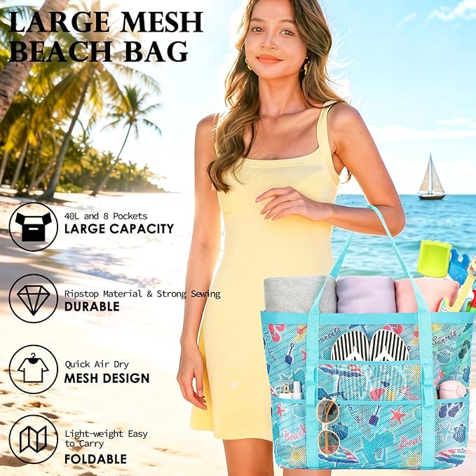 Mesh Beach Bag, Large Beach Tote with Zipper Pocket for Family Pool Bag for Toys & Vacation Essentials