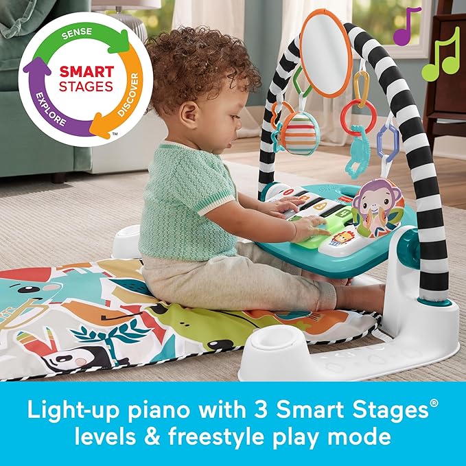 Fisher-Price Baby Activity Mat Glow & Grow Kick & Play Piano Gym, Blue, Musical Learning Toys for Ages 0+ Months, Spanish Version