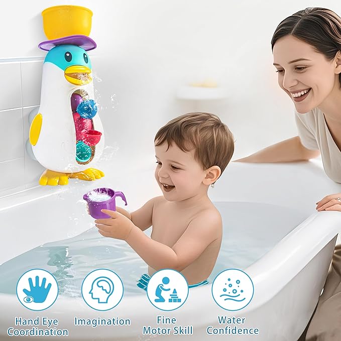 Bath Toys for Kids Ages 1-3, Toddlers Waterfall Bathtub Toys with Suction Cups, Penguin Kids Bath Toys with Rotatable Waterwheel, Birthday Gift for Boys Girls