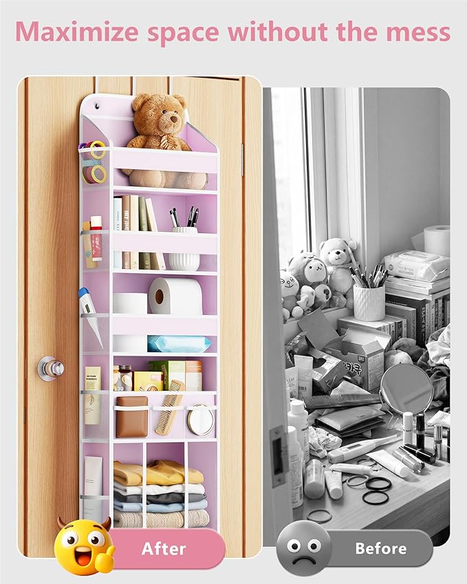 OneDream 5-Tier Over the Door Organizer with Removable Storage Caddy, Baby Clothes Organizer for Nursery, Hanging Behind Door Storage with Clear Pockets and Side Mesh Compartments, Pink