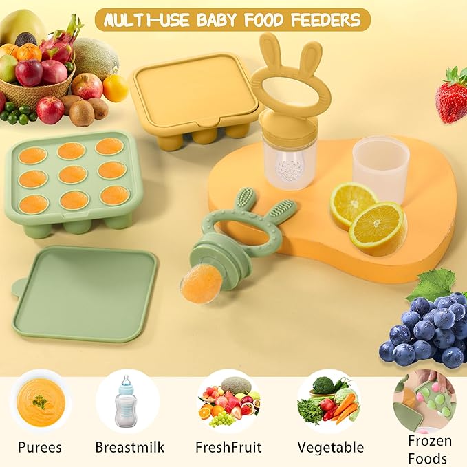 Baby Breastmilk Popsicle Molds & Baby Fruit Feeder (2 Pack), Baby Food Freezer Tray Storage Containers, Silicone Teething Pacifier Feeder and Teether for Babies,Baby Feeder - Yellow