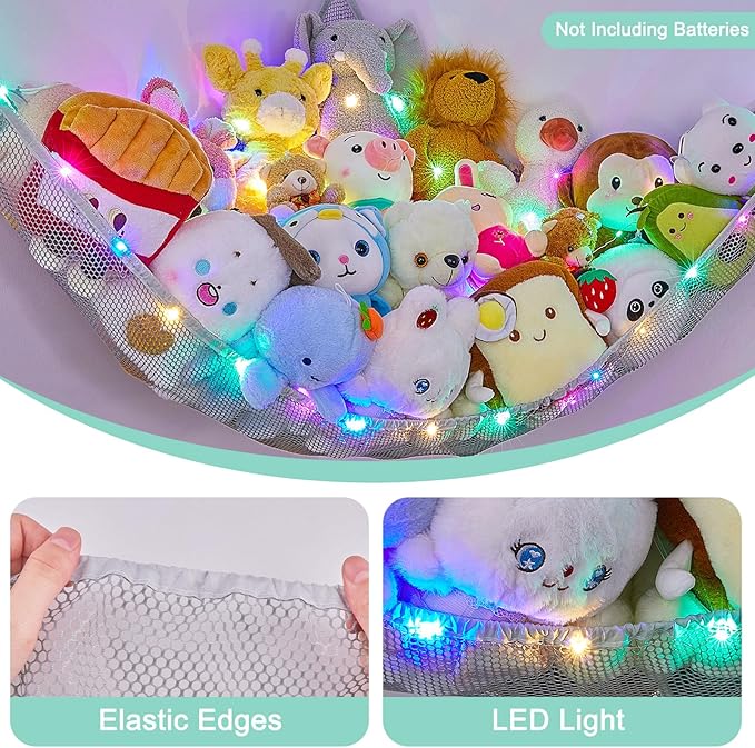 Unicorn Castle Stuffed Animals Net or Hammock Kids Toy Storage Organizer with LED Light Hanging Corner Stuffed Animals Holder Kids Girls Room Decor,Grey,Large (Pack of 1)