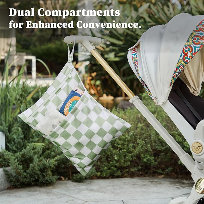 Ohocut Sage Green Checkered Waterproof Wet Dy Diaper Bag for Baby Essentials, Travel, Swimsuit, Beach Bag Accessories, Aesthetic Trendy Cute Toddler Baby Cloth Bag Pouch, Pack of 2