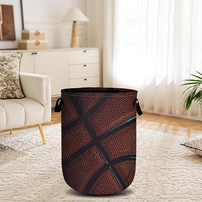 Basketball Texture Laundry Basket, Sport Ball Laundry Hamper Collapsible Oxford Cloth with Handle Clothes Toy Storage Bin for Bathroom Laundry Room Bedroom 15.7 X 20 Inch