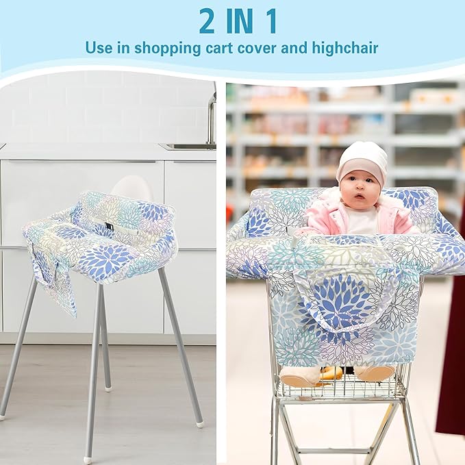 Shopping Cart Cover for Baby,2-in-1 High Chair Cover Soft,Portable,and Machine Washable,Comfortable Cotton Seat Pad with Safety Harness and Portable Cloth Bag,Fits All Supermarkets and Restaurants