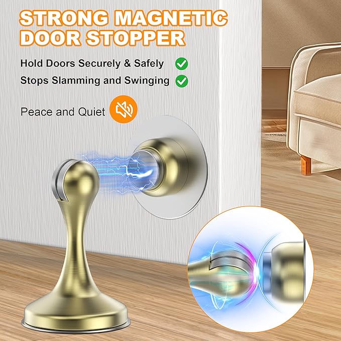 Crosize Magnetic Door Stoppers 2 Pack, Stainless Steel Door Stops for Wall and Floor Mounting, Gate Stops, No Drilling Metal Doorstops with Adhesive Tapes, Gold