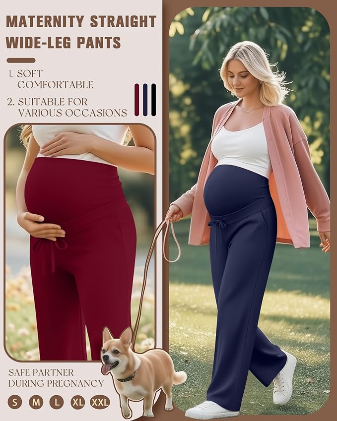 3 Pcs Maternity Sweatpants Over The Belly Pregnancy Straight Wide Leg Elastic Drawstring Pants Joggers with Pockets