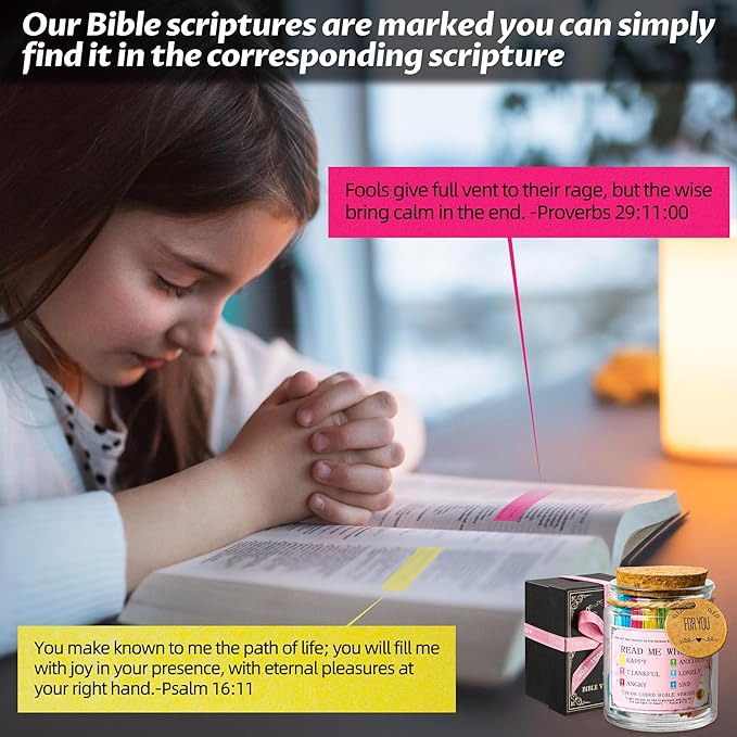 Bible Verse Jar, Bible Jar for Emotions and Feelings, Christian Gifts for Women Man, Birthday, Graduation, Mothers Day Gifts for Mom, prayer Bible Verse With Greeting Card & Two Adorable Ribbons