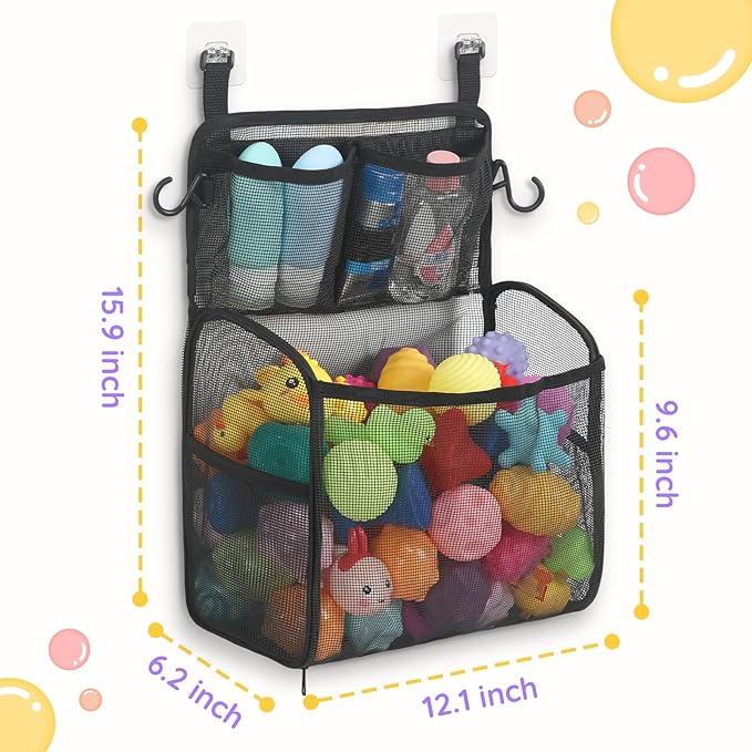 Goowin Bath Toy Storage Holder, Large Openings Bath Toy Organizer, Large Capacity Mesh Bathtub Toy Storage, Multi Use Bath Tub Toy Holder for Bathroom (Black)