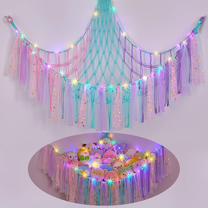 FIOBEE Stuffed Animals Net or Hammock with LED Light, Toy Hammock Hanging Stuffed Animals Storage Organizer Holder Room Décor for Nursery Kids Bedroom