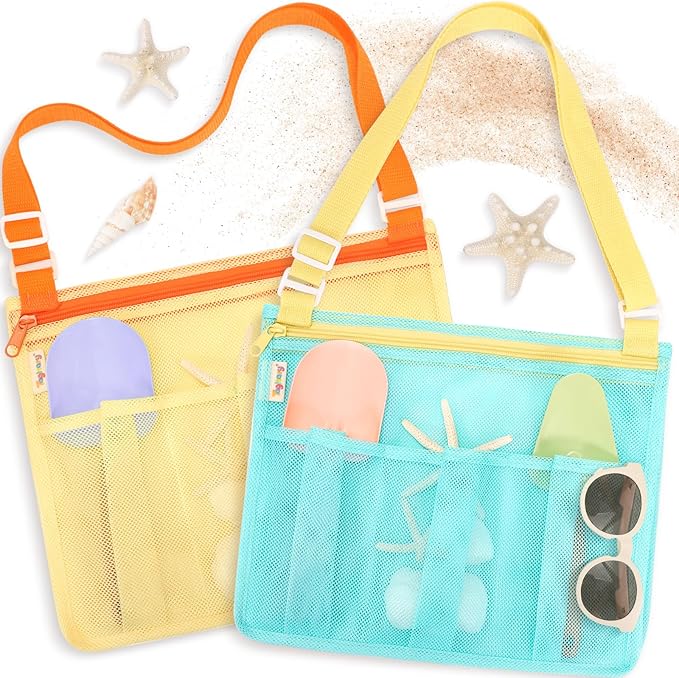 Tagitary Beach Toys Mesh Beach Bags for Kids with Zipper Collapsible Mesh Seashell Collecting Swim Pool Lake Sand Toy Storage, Boys and Girls Teens Summer Vacation Essentials