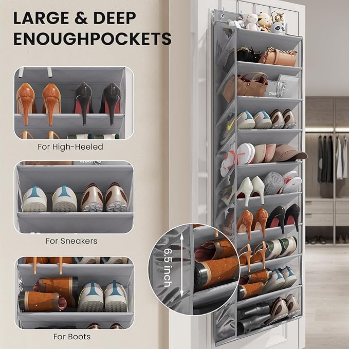Mefirt 10 Tier Clear Over the Door Shoe Organizer with Deep Pockets, Door Shoes Rack with Hard Tube to Keep the Shape, Hanging Shoe Rack for Closet Organizers & Storage, Behind Door Shoe Holder Grey