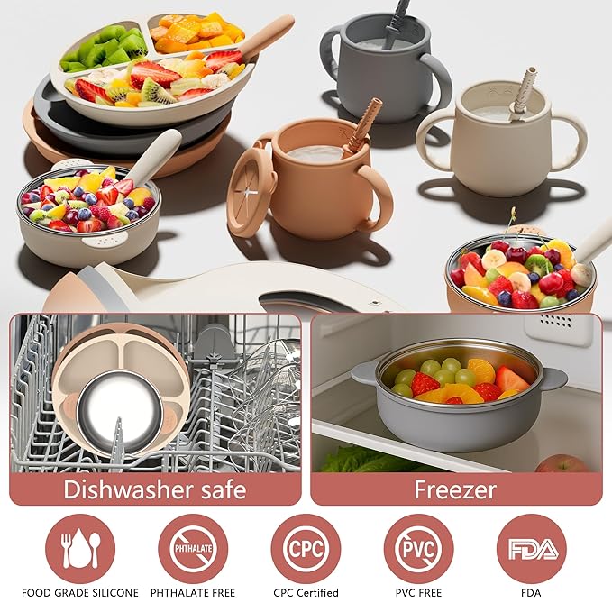 27 Pack Silicone Baby Feeding Set, Food Grade Silicone Baby LED Weaning Supplies, Include Suction Plates, Baby Bowls, Bibs, Fork & Spoon, Training cup with straw, 6 Months+(Brown, Beige, Grey)