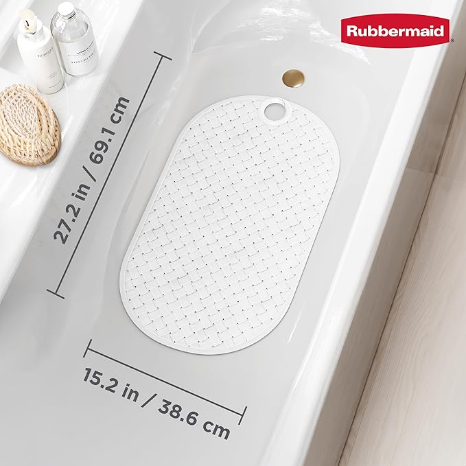 Rubbermaid INSTAMAT Bath Tub Shower Mat, Non-Slip Tub Mat with Suction Cups, Bath Mat Hangs on Showerhead for Quick Dry, 27.2 x 15.2 Inch, BPA-Free, Easy to Clean, for Inside Tub or Shower, White