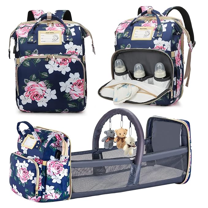 GurZinn Diaper Bag Backpack with Changing Station, Foldable for Bady Toddler, 3 in 1 Large Capacity Newborn Essentials Organizer with Stroller Hook for Girls and Boys（Blue）