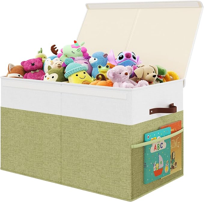 Fineonly Large Toy Storage Box with Lid Upgraded Toy Storage Chest Organizer with Divider Foldable Toy Bin for Kids Boys Girls Playroom Nursery Bedroom (25"x13"x16")