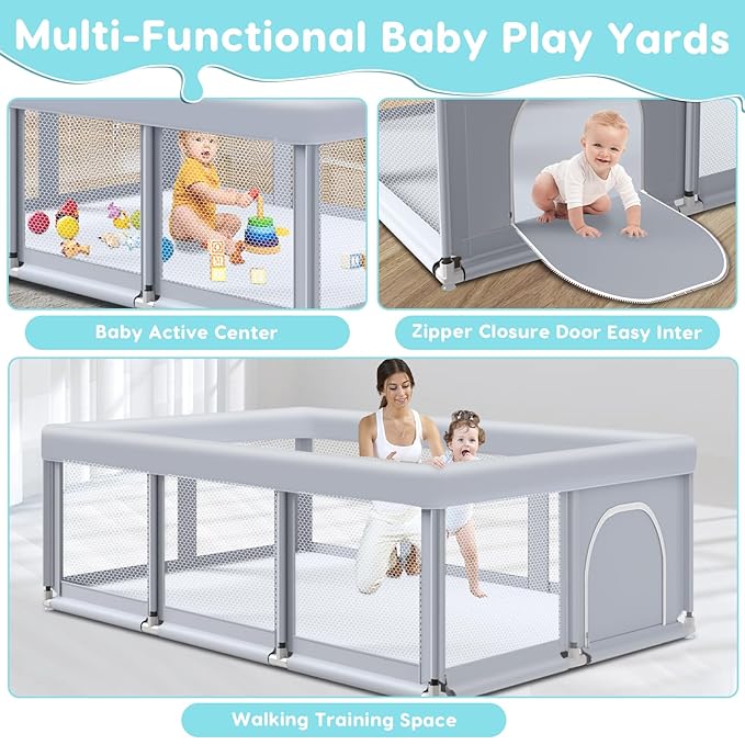 Fshibila 74" ×50" Large Baby Playpen, Baby Playard for Babies and Toddlers, Baby Fence Play Pens for Indoor & Outdoor, Sturdy Safety Play Yard with Soft Breathable Mesh, Anti-Fall, Grey