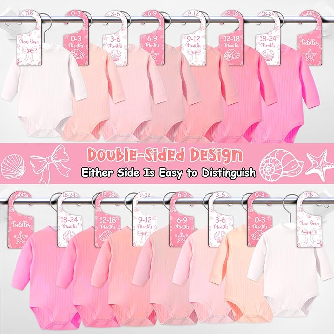Baby Closet Dividers 8PCS, Pink Shell & Bows Themed Wooden Double-Sided Clothes Size Hanger/Organizer from Newborn to Toddler for Nursery Decor Baby Shower Birthday Party Gift