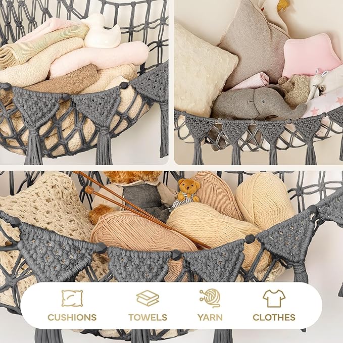 TIDYTEDS XL Stuffed Animal Hammock – Handcrafted Corner Net, 4mm Double Macrame Cord, 100% Natural Cotton Plushie Holder with LED Light (Gray)