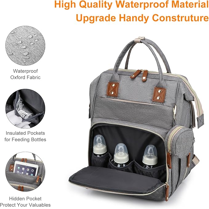 Lamroro Diaper Bag with Changing Station, Waterproof 3 in 1 Baby Diaper Backpack with Foldable Changing Pad, Large Travel Back Pack for Baby Girl Boy, Grey