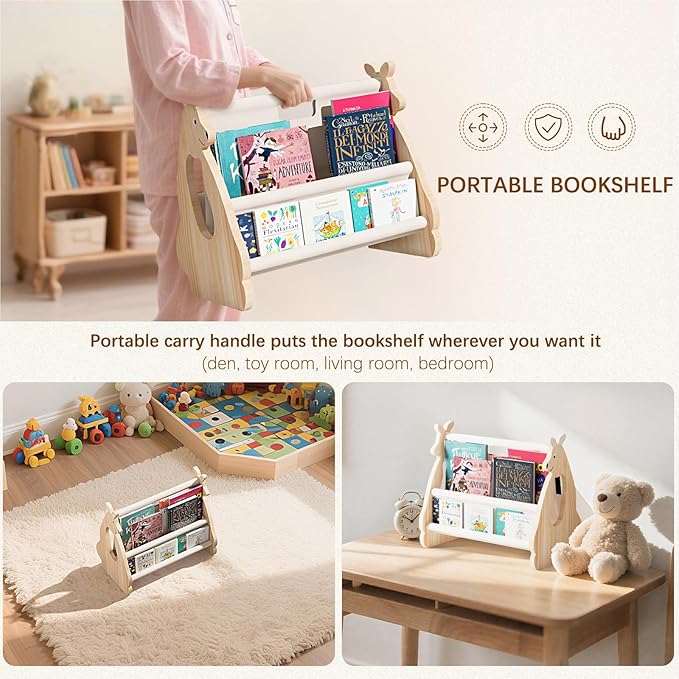 Lullulii Double Sided Kids Bookshelf –2 Tier Portable Toddler Bookshelf,Book Shelf for Kids Rooms & Playroom,Wooden Montessori Baby Bookshelf,Toddler Book Display Shelves (Nature, Kangaroo)