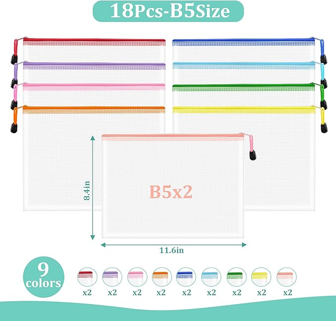 VVCOIIROEI 18pcs Mesh Zipper Pouch Bags, B5 Mesh Pouch, 9 Colors Zipper Pouches for Organizing, Travel Pouch, School Office Organize