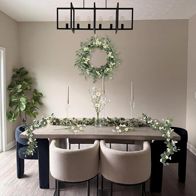 Pinkpum 20'' Eucalyptus Wreath 6FT Flower 17'' Artificial Silk Flowers Set 9 for Front Door White Floral Fireplace Table Hanging Porch Wall Home Decor Farmhouse Indoor Outdoor Summer Spring Garland