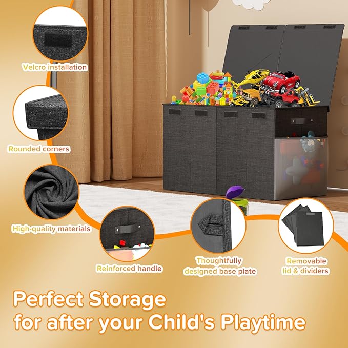Large Toy Box Chest, Collapsible Sturdy Toy Storage Organizer Boxes Bins Baskets Dinosaur Kids Toy Chest Bin with Lids for Boys Girls Living Room Playroom Bedroom Nursery 25"x14"x16" Black