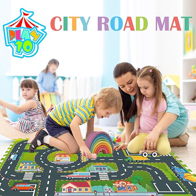 PLAY 10 Foam Play Mat for Baby, Interlocking Foam Tiles, City Road Track Puzzle Mat 12 Pieces
