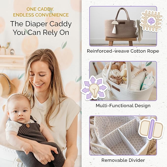 Yunioo Baby Diaper Caddy Organizer, Portable Nursery Storage Basket with Sturdy Handle Diaper Caddy Basket, Car Caddy for Diapers and Baby Wipes, Newborn Essentials
