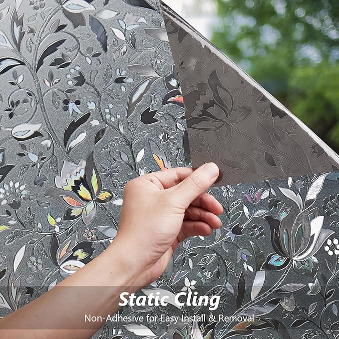 Kromapolis Window Film, Window Privacy Film Frosted, Vinyl Glass Covering, Stained Glass Decorative Film, Static Window Clings, Non-Adhesive (Grayish Black, 17.5 x 157.4 inch)