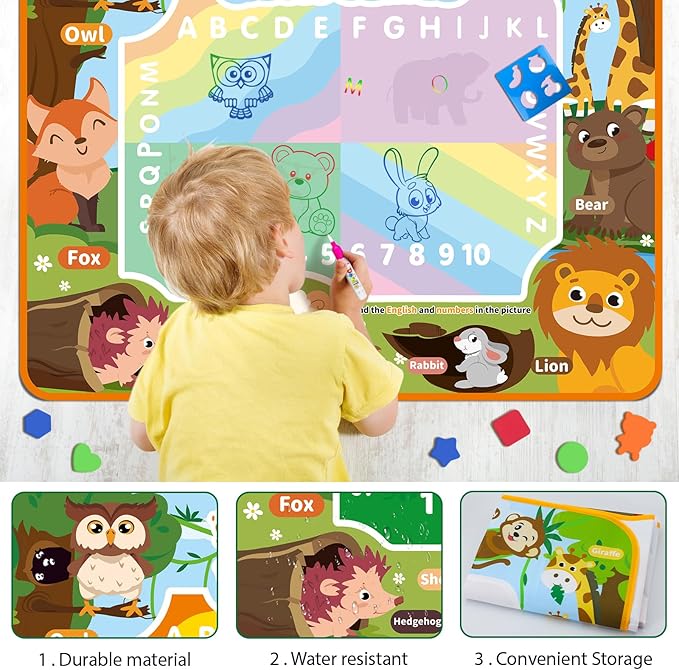 Water Doodle Mat Kids Mess Free Coloring for Toddlers 3 4 5 6 7 8 9 Years, 19 Pack Educational Toys, Doodle Mat with Magic Water Pens Boys Girls Christmas Birthday Holiday Present