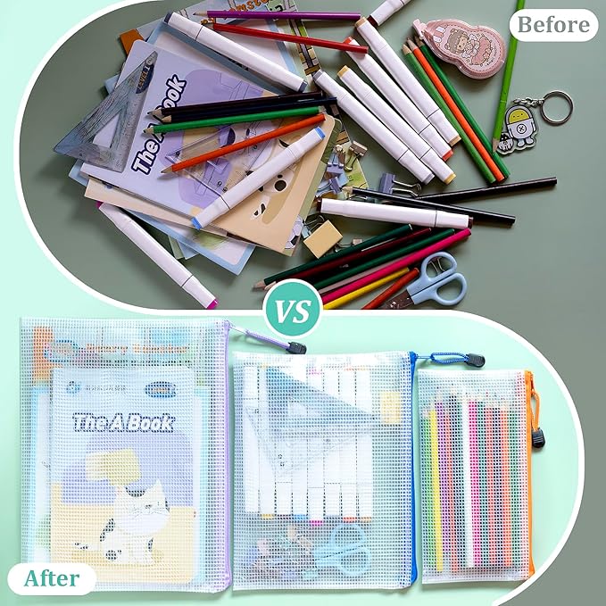 VVCOIIROEI 24pcs Mesh Zipper Pouch Bags Small, A5 9.4x7.1 Inches, 8 Colors Zipper Pouches for Classroom, Organizing Bags for Home, Office and Puzzle storage