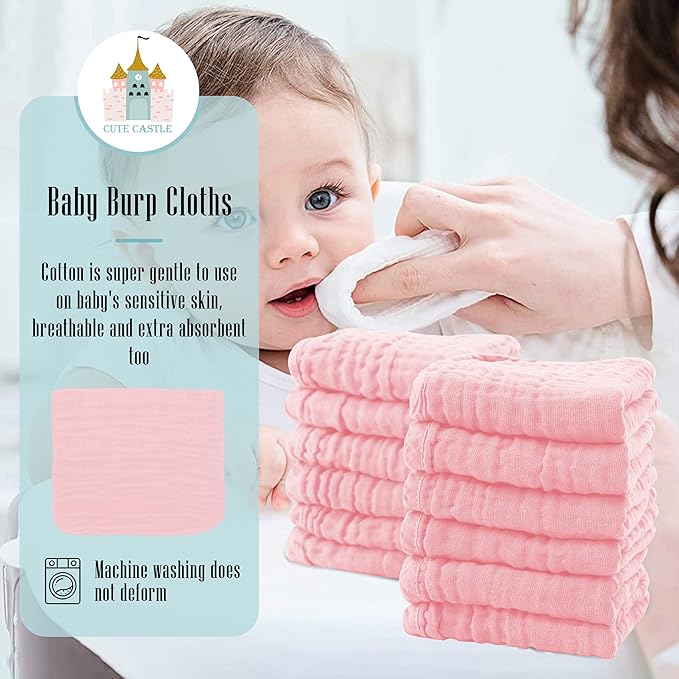 Cute Castle 12 Pack Muslin Burp Cloths for Baby - Ultra-Soft 100% Cotton Baby Washcloths - Large 20'' by 10'' Super Absorbent Milk Spit Up Rags - Burpy Cloths for Unisex, Boy, Girl - Pink