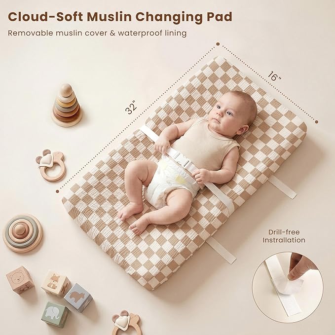 Konssy Muslin Changing Pad with Waterproof Lining Foam, Includes 2 Pack Soft & Cotton Cover, Baby Diaper Changing Pad for Dresser or Table, 32x16 inches (Coffee Check, Cream)