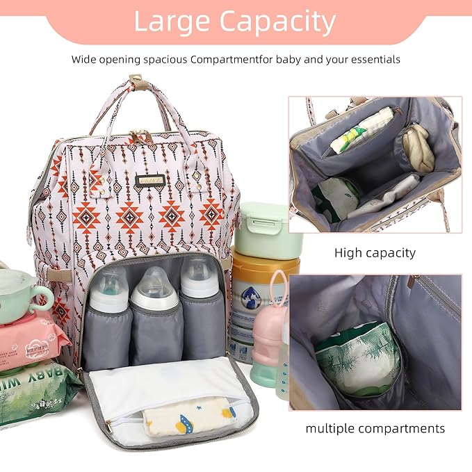 GAIVP Diaper Bag Backpack, Diaper Bags for Baby Girls Boys, Baby Bags for Moms Dads, Nappy Changing Bag with Insulated Pockets,Multi-functional Waterproof Backpack with Stroller straps-Tribal Orange