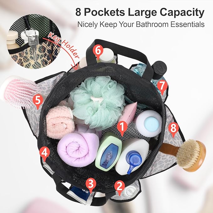 F-color Mesh Shower Caddy Portable with Drawstring - Large 8 Pockets Dorm Room Essentials for Guys Girls with S Hook, Shower Bag Basket Tote for College Camping Gym Travel Toiletry Bathroom, Leopard