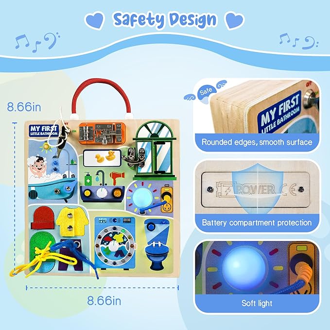 Teekdeer Busy Board Montessori Toys for Toddler 1-3 Year Old, Wooden Sensory Board with LED Light Switches,Bathroom Theme Travel Toys for 1+ Year Old Boy & Girl Birthday Gift