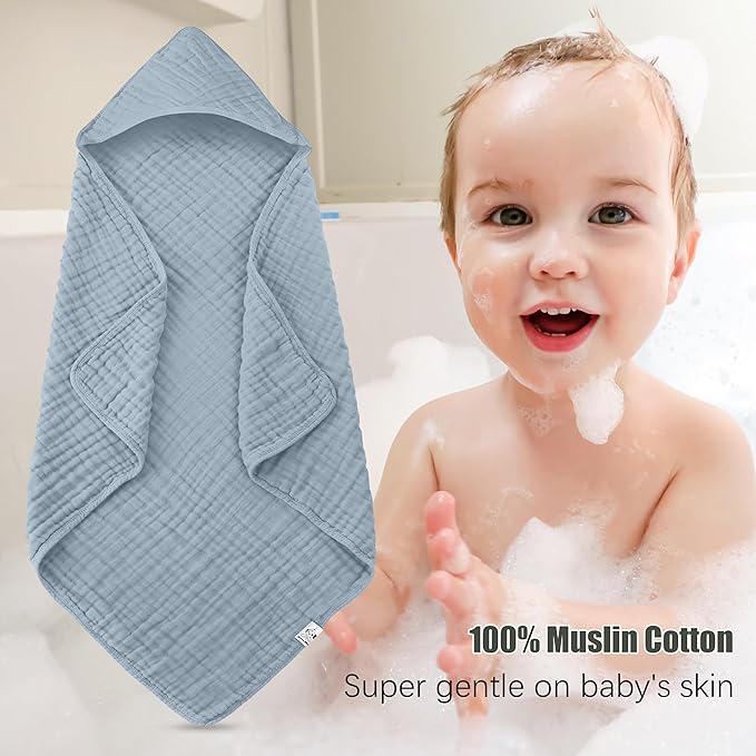 Spotted Play 2 Pack Hooded Baby Towels - 100% Muslin Cotton for Newborns, Infants, Toddlers - Large 32x32 Inch Size - Highly Absorbent and Essential for Newborn Care, Light Navy