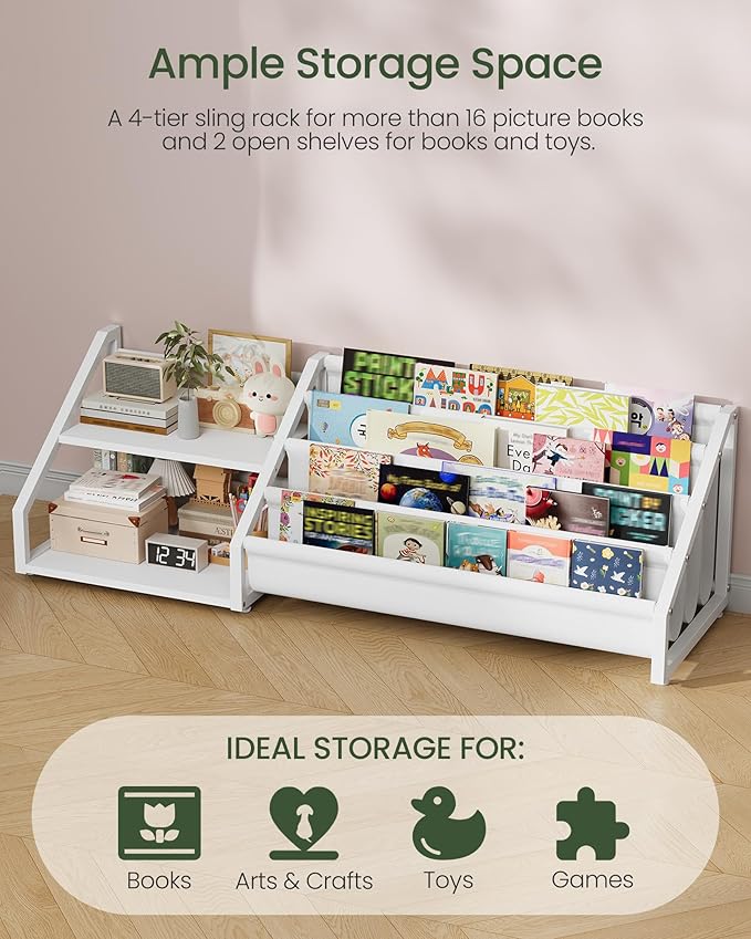 CHOEZON Kids Bookshelf, Book Shelf for Kids Rooms, Toddler Bookshelf with 2 Open Shelves and 4-Tier Sling Rack, for Kid Room, Nursery, Bedroom, Playroom, White TCW06WB