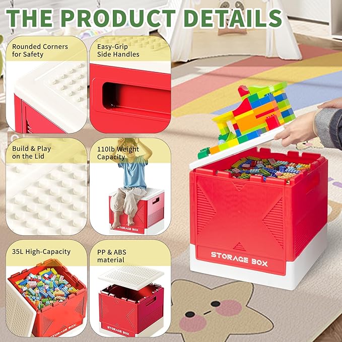 Folding 2-in-1 Storage Box with Large Building Lid for Blocks, Toys Collapsible Storage Bin, Multifunctional Organizer Box for Organizing Brick, Bead, Tool, Sewing and Toys(Red)