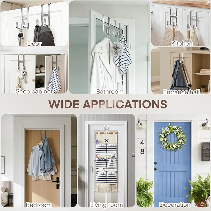 FYY 2 Packs Over The Door Hooks, Double Sided Door Hanger Hook - Heavy Duty No Drill Wall Hooks for Hanging Coats, Towels, Bags, Kitchen Closet Fits Most Doors Up to 1-7/8" Thickness (5.12"L, Silver)