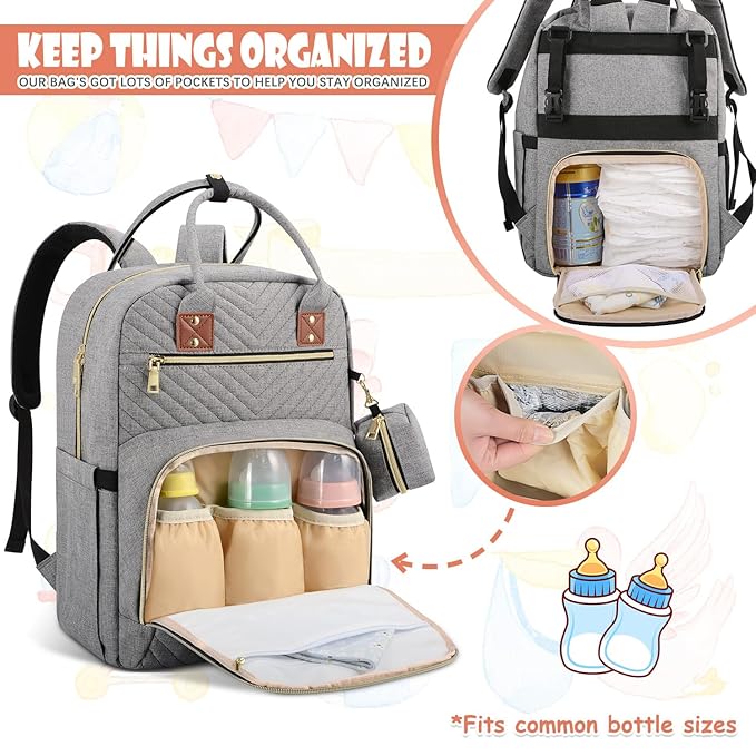 Tenot Baby Diaper Bag Backpack, Travel Diaper Bags for Baby Girl Boy Large Capacity Baby Bag Backpack for Women Grey