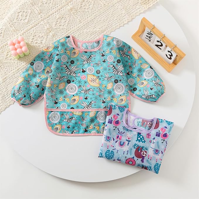 ElecMotive 3 Pack Long Sleeve Bib,Baby Smock for Eating 6-30 Months Reusable Shirt Bibs for Babies Toddler