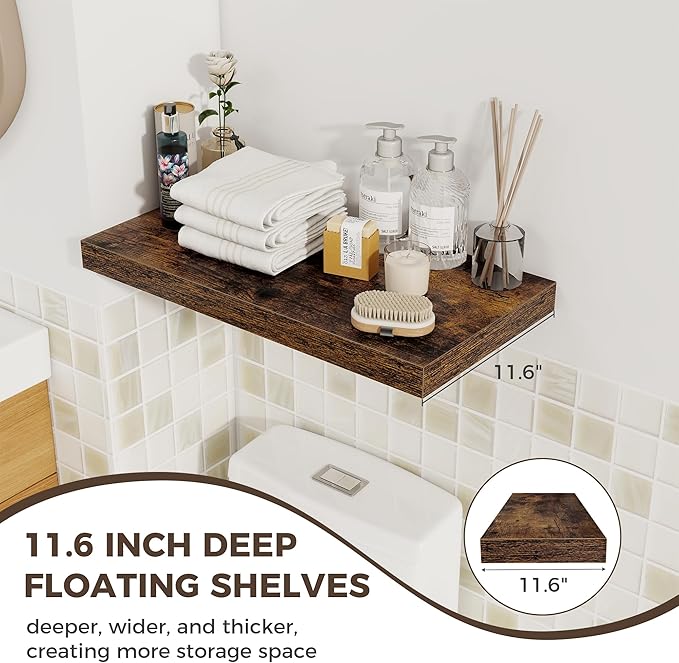 Fun Memories 24 x 12 Inch Deep Floating Shelves, 12 Inch Deep Rustic Wooden Book Shelf, Extra Deeper & Thicker Hanging Shelves for Living Room, Bathroom, Bedroom, Kitchen, Office, Set of 3 (Brown)