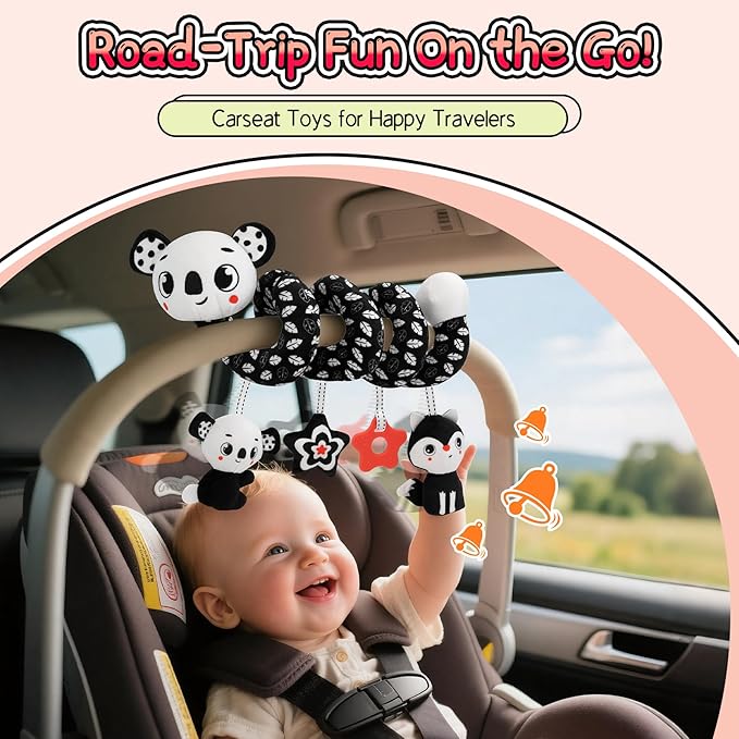 FPVERA Car Seat Toys for Babies 0-6 Months: Travel Baby Toy for Soft Hanging Toys for Carseat, Spiral Plush High Contrast Black and White Toy for Infant Boys Girls
