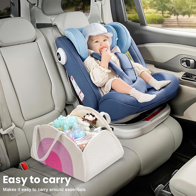 JMBNH Baby Diaper Caddy- With Removable Dividers, Nursery Storage Bin and Car Organizer,Boy & Girl Shower Gift Basket,Portable Organizer,Nursery Essentials-Rainbow Pink