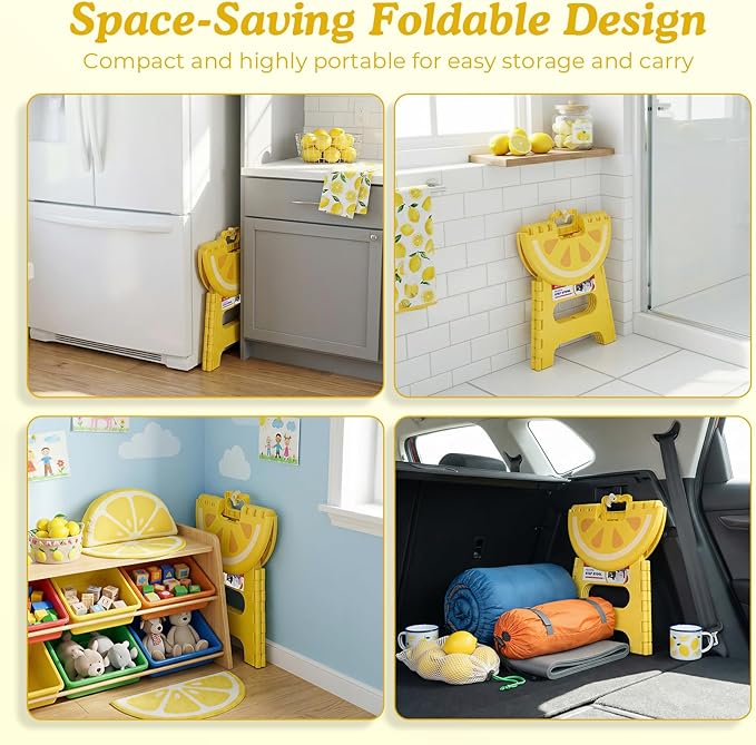 ACSTEP Folding Step Stool 9 Inch, Sturdy Collapsible Step Stool Foldable Up to 265 lb for Kids Toddlers & Adults, Non Slip Foot Stools with Handle for Kitchen, Bathroom, Bedroom, Outdoor, Lemon Yellow