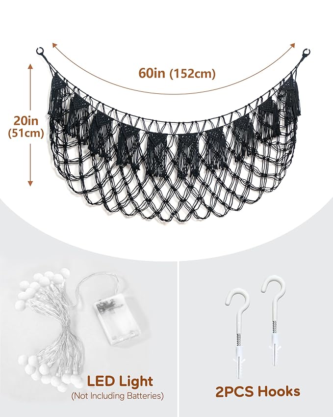 Boho Macrame Stuffed Animal Hammock with LED Lights – Large Wall Hanging Plushie Net, Corner Toy Organizer for Kids Bedroom, Nursery, Playroom & Dorm (Black XXL)