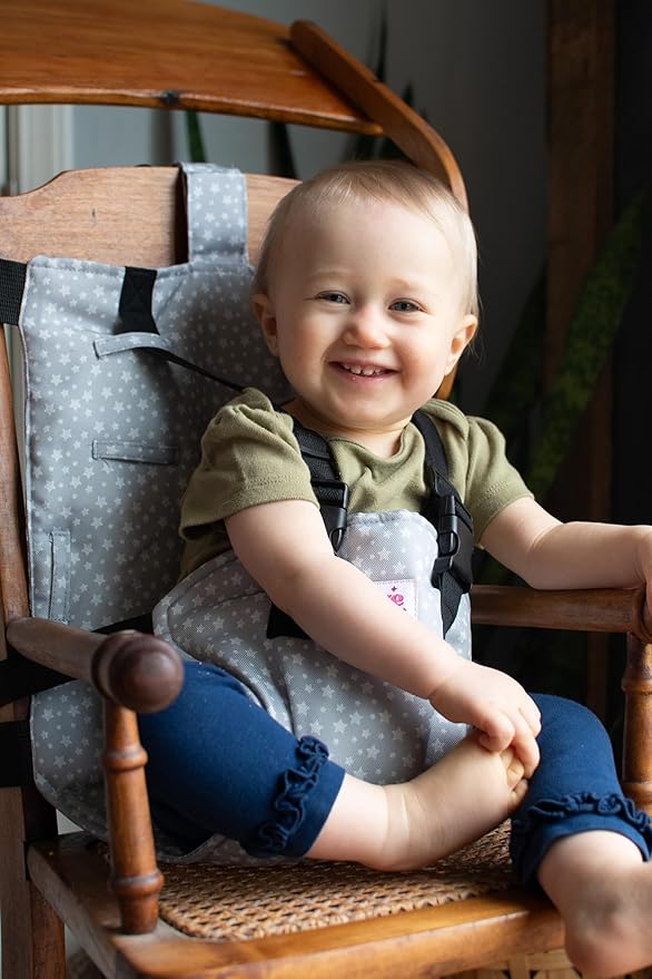 Portable Baby Chair Strap – Travel Dining Seat Cover for Babies & Toddlers | Portable Baby Chair for Travel | Compact, Foldable Baby Seat Cover – Grey Star